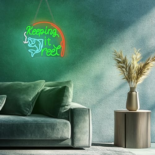 Image of Keeping It Reel Neon Sign Fishing Themed LED Wall Decor for Man Caves, Tackle Shops & Lake Houses, USB-Powered Adjustable Brightness, Angler-Themed Decoration