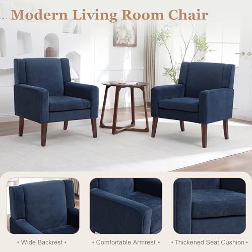 Image of Accent Chairs for Living Room, Mid-Century Reading Chair with Wood Legs, Upholstered Comfy Living Room Chair for Bedroom, Apartment, Waiting Room, Blue