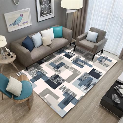 Tapis lavable géométrique grand format bleu pour chambre enfant ado