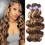 Perstar Highlight Human Hair Bundles Honey Blonde Body Wave 4 Bundles 18 20 22 24 Inches 100% Brazilian Virgin Hair Ombre 4/27 for Women Colored Human Hair Sew In Weave