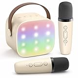 YLL Mini Karaoke Machine with 2 Wireless Microphones for Kids Adults, Portable Bluetooth Speaker Gift for Girls Toys 4, 5, 6, 7, 8, 10, 12+ Years Old Teens Birthday(Beige)