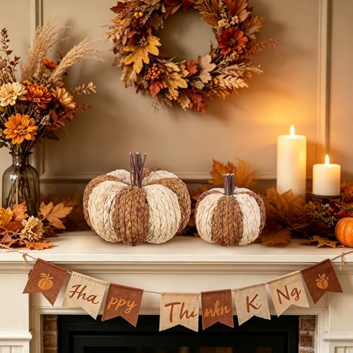 Image of winemana Woven Wicker Pumpkins Fall Pumpkin Decor, 2 Pack | Thanksgiving Table Centerpiece, Artificial Pumpkin for Home, Farmhouse Autumn Decorations Indoor Outdoor