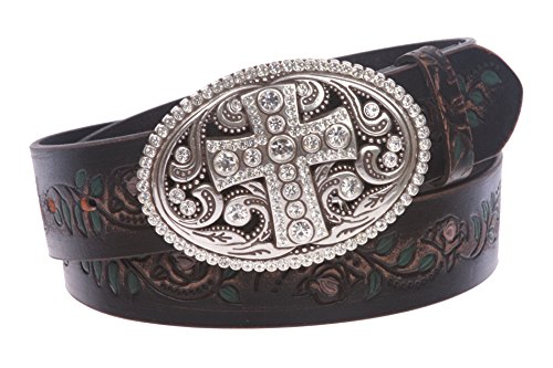Snap On Floral Tree Embossed Full Grain Leather Rhinestone Cross Bling Belt