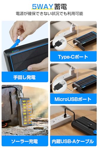 Image of Solar Power Bank, 22.5W /PD18W, 61,200 mAh, Rapid Charging, Hand Crank Charging, Solar Charger, Disaster Prevention, Built-in 4 Cables, Type-C Mobile Battery, Solar, IPX7 Waterproof, Shockproof, Mobile