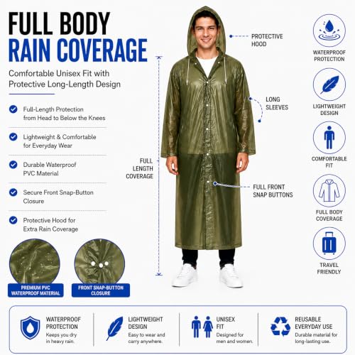 Image of OTOROYS Waterproof Long Rain Coat with Hood for Men, Women, Boys & Girls | Universal Full Length Reusable PVC Raincoat | Lightweight Portable Rain Ware for Bike Riding, Travel & Outdoor, Olive
