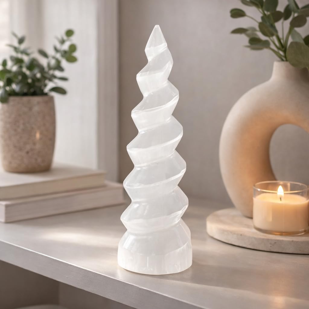 NKlaus Torre de selenita en espiral, 14 cm, piedra curativa para meditación, equilibrio de chakras y energía espiritual, decoración elegante y piedra protectora