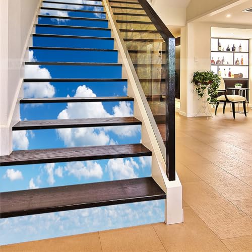 FLFK 3D Cielo Azul Nube Blanca auto-adhesivos Pegatinas de Escalera pared pintura vinilo Escalera calcomanía Decor 39.3 pulgadas x7.08 pulgadas X 15Piezas