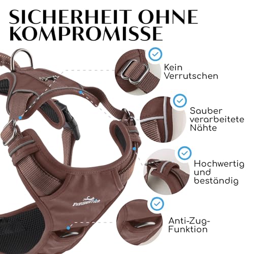 FREUDENTIER Hundegeschirr mit Griff, atmungsaktiv gepolstert - Bombenfester Sitz & maximale Sicherheit - Anti Zug Hundegeschirr kleine, mittelgroße & Grosse Hunde - Hunde Geschirr (Braun, XL)