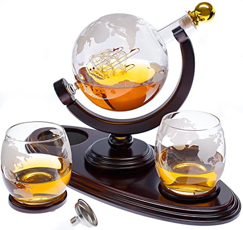 Globe Whiskey Decanter Gift Set By Royal Reserve | Handmade Home Bar Decor Airtight Liquor Dispenser With Scotch Glasses Coasters – Gift For Men Dad Boyfriend Husband Anniversary Or Retirement 850 Ml #TOP14
