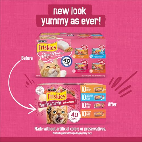 Purina Friskies Prime Filets Cat Food Variety Pack, 40 Pack 5.5 oz Cans | Surfin' and Turfin' wet cat food favorites in a savory gravy, made with real meat, poultry and seafood - Image 3