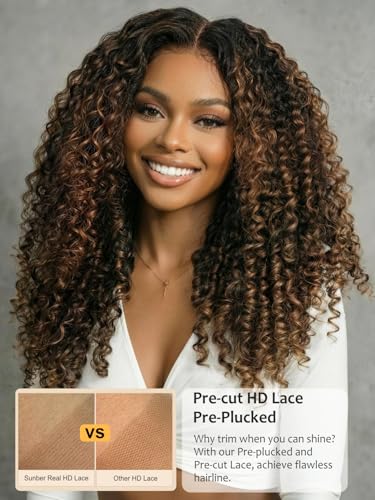 Image of Sunber Black to Chestnut Brown Ombre Curly Human Hair Glueless Wig With With Finger Coily Ends Bye Bye Knots Pre Cut 7X5 Lace Front Drawstring Wig Burmese Curly Wigs Pre Plunked Invisible Knots 24Inch