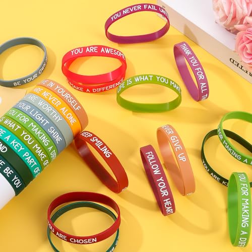 Image of JUNEBRUSHS 64pcs Motivational Silicone Bracelets Bulk Colored Inspirational Rubber Wristbands Unisex for Student Teacher Office Prizes Gifts Back to School Party Favor Supplies