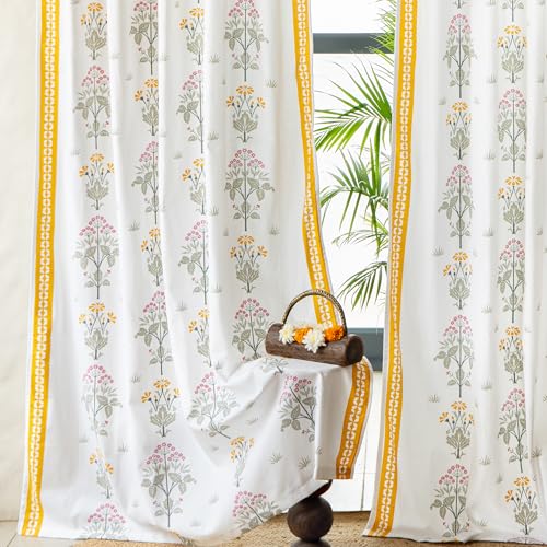 Image of Tranquebar Curtain Co. Window Curtains 6 Feet, 60-65% Room Darkening, Yellow Floral Print, Cotton Curtains for Window, Cotton Curtains 6 Feet Long Set of 2, BackTabs, Latha (183 cm) - Set of 2