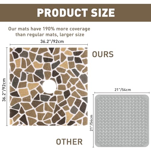 Image of Square Shower Mat Non Slip: 36 x 36 Inch Extra Large Shower Mats with Drain Hole in Middle - PVC Loofah Anti Slip Shower Floor Matt for Inside Shower