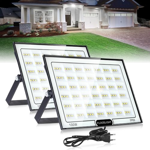 VAYALT 100W LED Strahler Außen 2 Stück, IP66 Wasserdicht und Superhell 6500-7000K 10000LM led scheinwerfer 230V, Led Strahler mit Stecker, Flutlichtstrahler für Hell Garten Garage Sportplatz Hof
