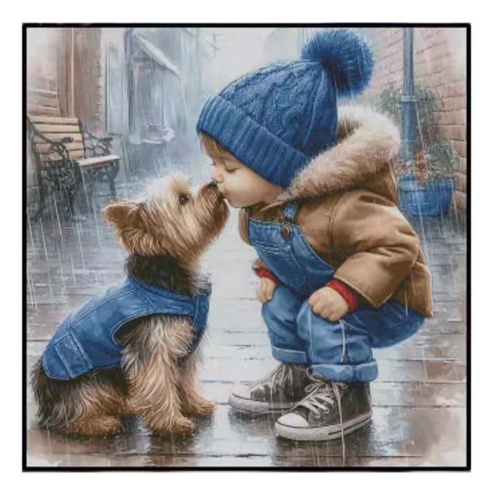 NAHUIGOOD Punto De Cruz Kit para Principiantes - Niño y Perro 11Ct 40x50cm Con Tela Impresa