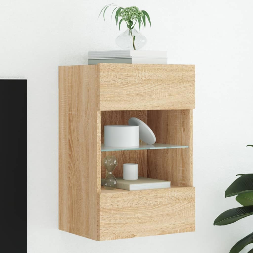 Meuble TV mural avec étagère en verre et lumières LED