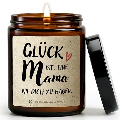 Muttertagsgeschenk Kerze Handgemacht in Berlin 100% Sojawachs 50h Brenndauer Kerze mit Spruch als Geschenk zum Muttertag Geburtstag & Weihnachten Beste Mama (Glück ist..)