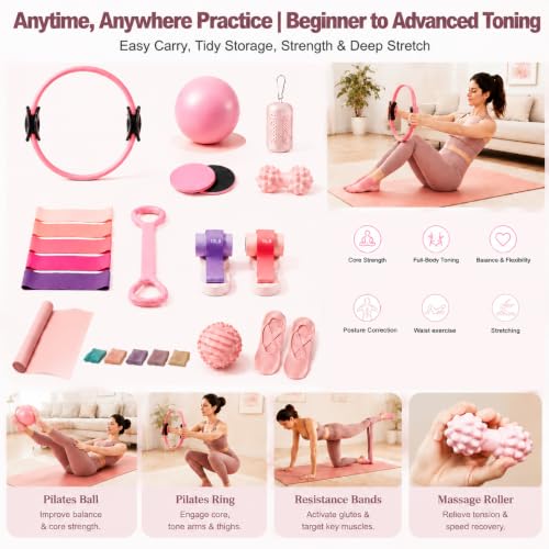 21PCS Pilates Kit for Home Workouts Women – Pilates Ring 14.5", Exercise Ball with Air Pump, Resistance Loop Bands, Glute Bands & Sliders – Pink Full Body Toning Set for Yoga, Stretching & Strength by Gliterra - Used condition - Image 8