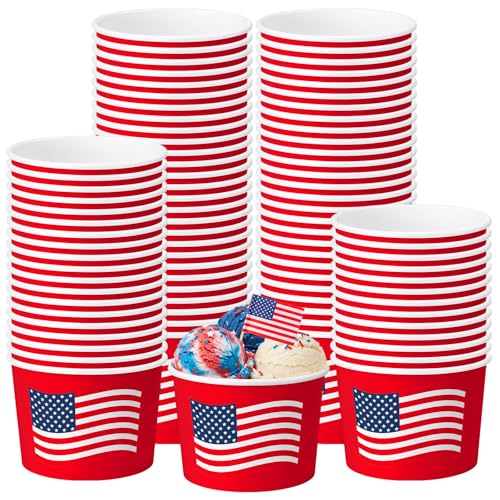 Image of Funnymoom 50 Pack 4th of July Ice Cream Cups Patriotic Party Supplies 9 oz American Flag Disposable Dessert Bowls Red White and Blue Paper Soup Bowls Snack Cups for 250th Aniversary Independence Day