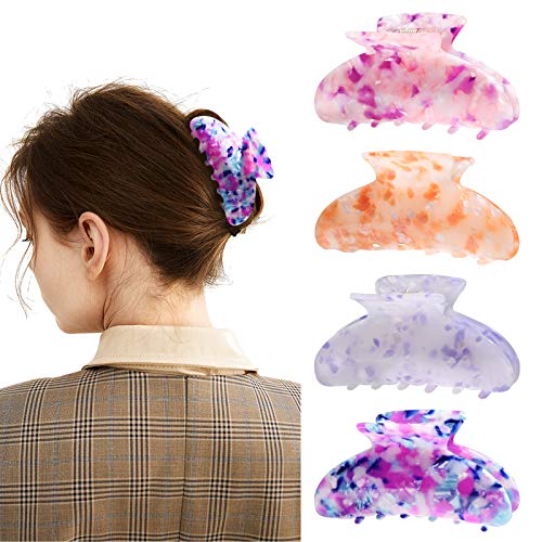 Magicsky 4PCS Banana Hair Claw Clips, French Design Tortoise Barrettes Clamps, Acrylic Celluloid Butterfly Jaw Clips, Large Leopard Print Hair Accessories for Women Girls with Thick Hair - Purple
