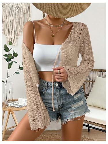 Image of Verdusa Women's Tie Front Crop Cardigan Bell Long Sleeve Scalloped Lightweight Knit Tops Summer Beach Cover Up