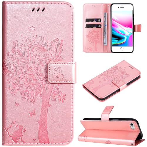 Hancda Hülle für iPhone SE 2022 / iPhone SE 2020 / iPhone 8 / iPhone 7 Schutzhülle Handyhülle Leder Hülle Klappbar Klapphülle Handytasche Dünn Cover mit Motiv Kartenfach Flip Case,Rose Gold