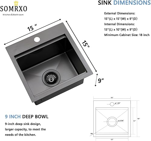 Miniatura 9 de Fregadero de barra de acero inoxidable de 15 pulgadas con caída en 15 x 20 pulgadas, fregadero de cocina de montaje superior, repisa de repisa,