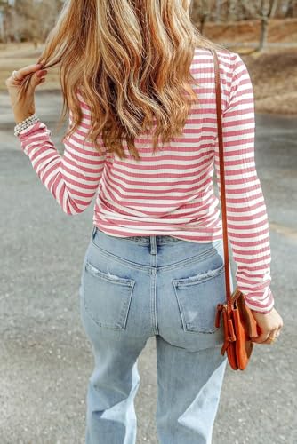 Image of Melliflo Womens Long Sleeve Mock Neck Striped Shirt Casual Cute Color Block Knit Tops Trendy Fall Fitted Basic Outfits