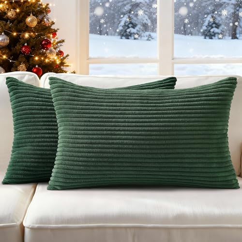 Image of Mecatny Soft Corduroy Throw Pillow Covers 12x20 Set of 2 Christmas Green
