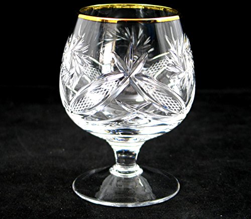 SET of 6 Russian Cut Crystal Stemmed Snifter Goblet for Cognac Scotch Whiskey, 24K Gold Rimmed 7 Oz. Glass, Vodka Liquor Old-fashioned Glassware, Hand Made