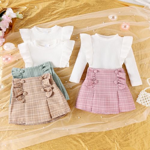 Kids Toddler Girl Fall Clothes Baby Crew Neck Solid Knitted Pullover Top A-Line Button Plaid Skirt Dress 2Pcs Oufits4