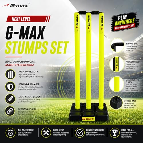 Image of G-Max Cricket Wicket Set - 30 Inch Plastic Stumps with Stand & Bails | Durable Cricket Wickets for Ground, Match, Tournament, Practice | Standard Size Cricket Kit for All Ages (Neon Green)