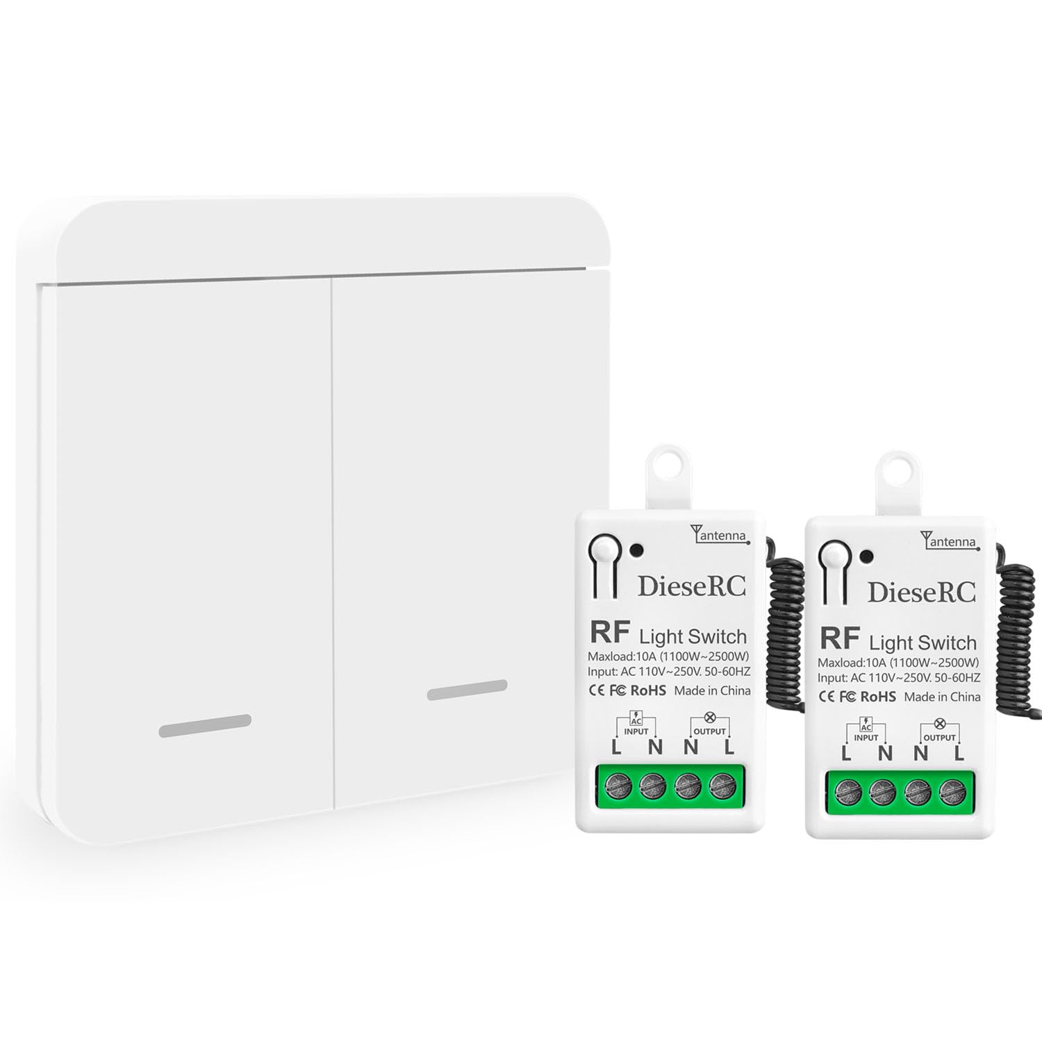 DieseRC Wireless Light Switch Kit 86 Wall Panel RF Safety Control and 10 Amp Relay Receiver Controller AC220V 230V 240V,Long Range Reomte ON OFF for AC Appliances (2 Receivers and 1 Switch) â image 1
