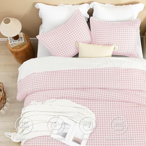 Image of Andency Pink Gingham Comforter Set Full(79x90Inch), Blush Checkered Grid Plaid Buffalo Bed Set for Girls Boys Kids Teens, 3 Pieces Lightweight Polyester Geometric Preppy Bedding