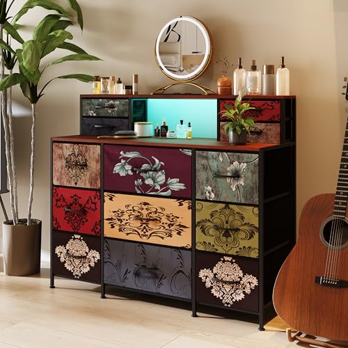 Julyue Commode à 13 tiroirs en Tissu, Commode de Chambre à Coucher avec éclairage LED de Plus de 20 Couleurs, Armoire rétro pour Couloir, Tissu en Lin, 97...