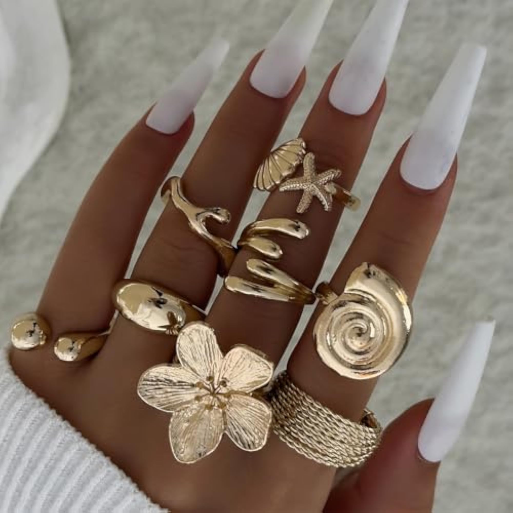 Gold Plated Set of 8 Flower, Shell & Starfish Boho Stackable Rings, Gift