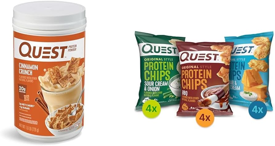 Quest Cinnamon Crunch Protein Powder 24 Servings, Protein Chips Variety Pack (BBQ, Cheddar & Sour Cream, Sour Cream & Onion) 12 Count