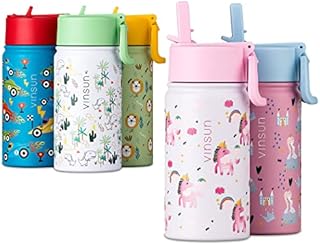 VINSUN Kids Water Bottles with Unicorn 350ml - Leak-proof, Stainless Steel, BPA free - Pink insulated Drinking Bottle with Straw for School, Sport