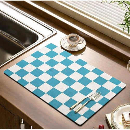 Image of HomeCloud Dish Drying Mat for Kitchen Counter Hide Stain Super Absorbent, Non-Slip, Heat-Resistant, Great for Dishes,Rack Pad, Kitchen Counter, Coffee Maker, Coffee Item (Chess Blue, 50x40cm)