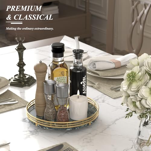 Image of Green Marble Lazy Susan Turntable for Table Top - 10 inch Round Marble Tray Organizer for Dining Table, Kitchen Countertop & Bar, Luxury Stone Serving Tray with Gold Frame