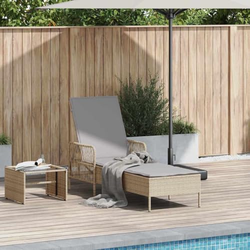 Yunovire Tumbona de polirratán beige y gris claro con marco de acero pulverizado, 200 x 55 x 92 cm, ajustable, ergonómica, para jardín, terraza, piscina, relajarse al aire libre