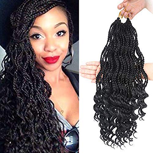 UNA 20inch 4packs Goddess Box Braids Crochet Braids Hair with Curly endsSynthetic Braiding Braids Hair Kanekalon Ombre Hair Extensions (20inch,4packs, 1B)