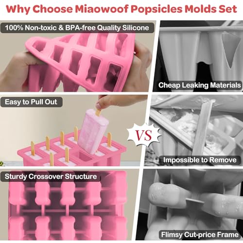 Image of 10-Cav Popsicle Molds, Silicone Ice Pop Mold for DIY Frozen Treats | with 10 Reusable Sticks, 50 Wooden Sticks, 50 Storage Bags, Funnel, Brush, Recipe, Make Healthy Pops, Smoothies, Juice