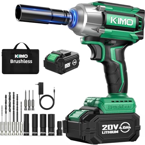 KIMO Impact Wrench 1/2 Cordless, 3000RPM, 9-Piece Drill & Driver Set, 4 Sockets, 406ft-lbs (550N.m) Impact Drill for Car Tires, Safety Lock, 4000mAh Battery, Variable Modes Power Smart Impact Wrench