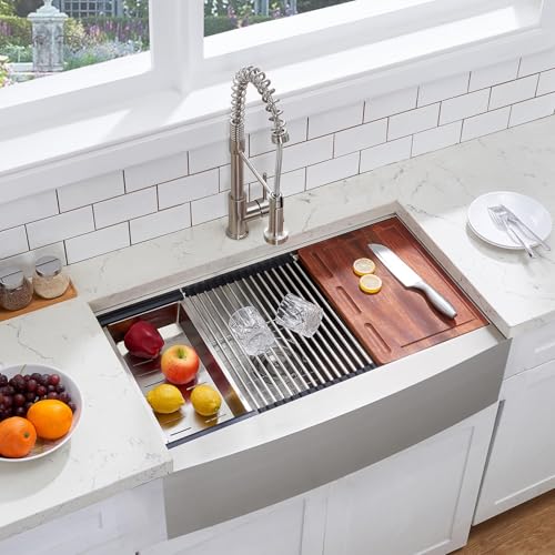 Image of 33 Inch Farmhouse Sink, 33x20 Stainless Steel Undermount Single Bowl Apron Front Handmade 16 Gauge 9 inch Deep Farm Kitchen Sink Workstation with Accessories