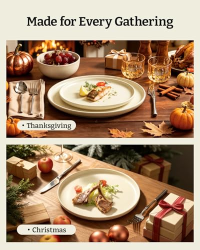 Image of Famiware Milkyway Stoneware Dinnerware Set, 12-Piece, Plates and Bowls for Everyday & Formal Dining, Service for 4, Microwave and Dishwasher Safe, Scratch-Resistan, Almond Milk