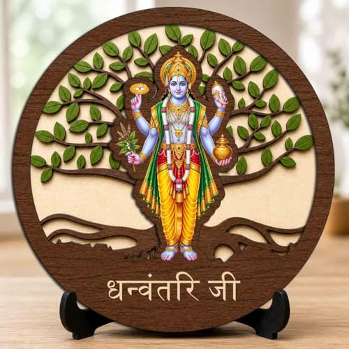 Image of Dhanvantari Ji Wooden Idol with Stand for Home Temple, Puja Room, Office Desk & Indoor Mandir Decor - 5x5 Inch