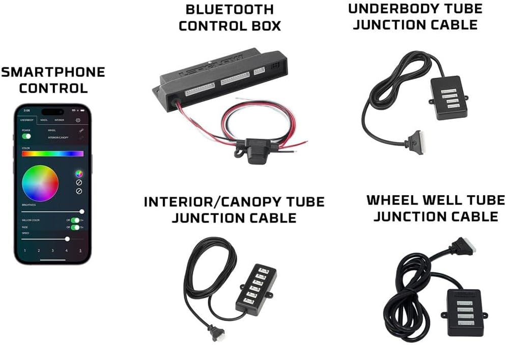 LEDGlow Add-On Bluetooth 12V Control Box Upgrade for 4-Seater & 6-Seater Golf Cart Underbody Underglow Kits - Only Compatible with LEDGlow Golf Cart Kits - Includes Junction Cables for Lighting Tubes