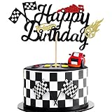 PAFUWEI 1 Pcs Race Car Cake Topper Happy Birthday Cake Topper Glitter Happy Birthday Sign Cake Decor
